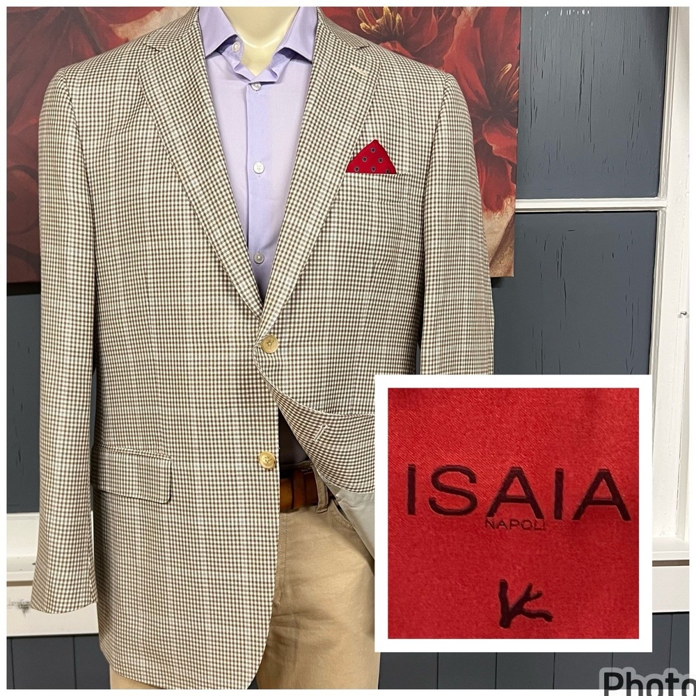 Isaia Napoli Wool Linen Blazer Jacket Sport Coat Mens 44L Long Beige/Brown/Blue